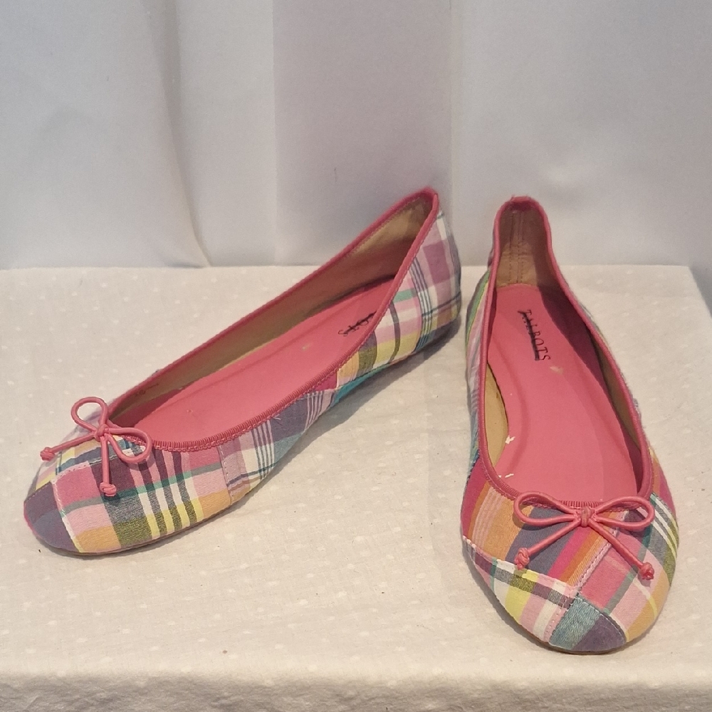Multicolor Madras Plaid Patchwork Ballet Flats Si… - image 1